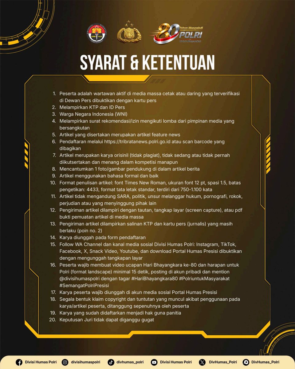 PCiwandan's tweet photo. 📰 Sobat Polri, mari menginformasikan hal-hal positif melalui tulisan yang informatif dan inspiratif.
Ikuti Lomba Menulis Artikel Jurnalistik Hari Bhayangkara ke-80 bertema “Polri untuk Masyarakat” dan tunjukkan kemampuan jurnalistik terbaikmu. https://t.co/NCYIQiqRVG