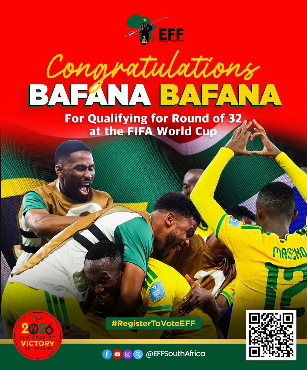 EFFSouthAfrica's tweet photo. The EFF Congratulates Bafana Bafana for qualifying for round of 32 at the FIFA World Cup. https://t.co/ewUCyPjnjs