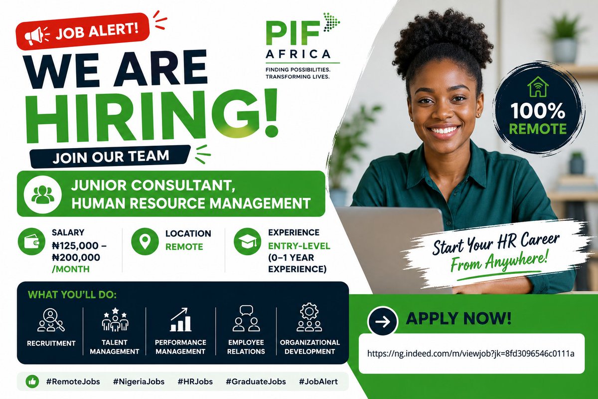 skillnersng's tweet photo. 🚨 NO EXPERIENCE? START YOUR REMOTE HR CAREER TODAY 🇳🇬💼

Hiring now: Junior HR Consultant at PIF Africa
💰 ₦125K – ₦200K/month
🌍 100% Remote
🎓 Entry Level (0–1 year)

Perfect for graduates looking to break into HR. https://t.co/oxsLvbL8fV