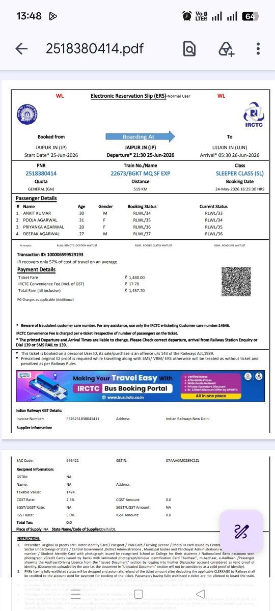 AnkitCh01968536's tweet photo. Dear Sir/Madam,
I booked 4 train tickets on 24 May 2026. Today the chart has been prepared, but none of the tickets have been confirmed yet. The booking remained in waiting list status despite being booked well in advance.
@RailMinIndia
@RailMadad
@PMOIndia 
@AshwiniVaishnaw https://t.co/WsrHve5q5m