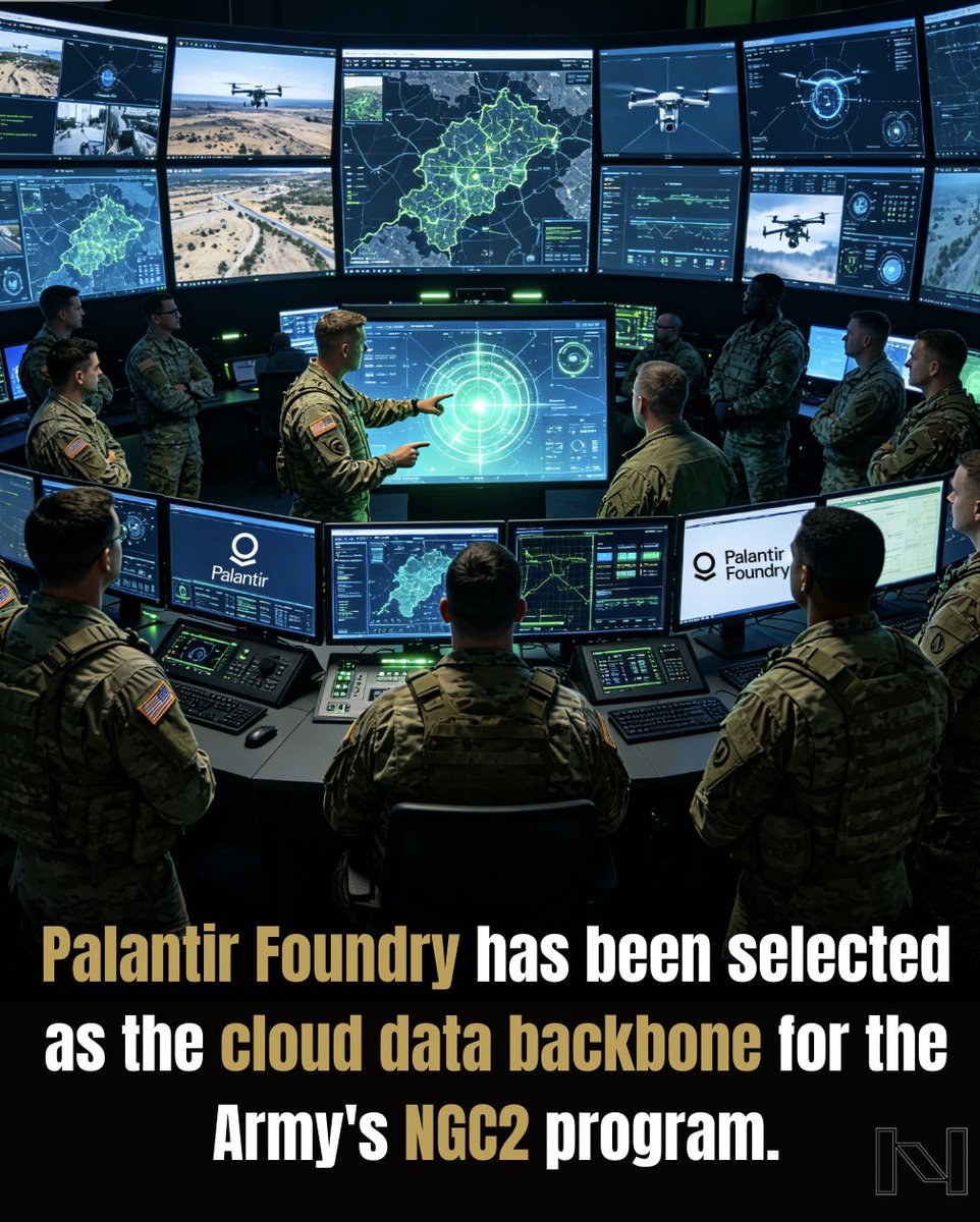 NeuralfinTechAI's tweet photo. Palantir has been selected by the U.S. Army as the core technology provider for the Next Generation Command and Control (NGC2) program, with its Foundry platform serving as the cloud-based common data layer. 

Follow NeuralFin for more information. https://t.co/OWsViujQyj