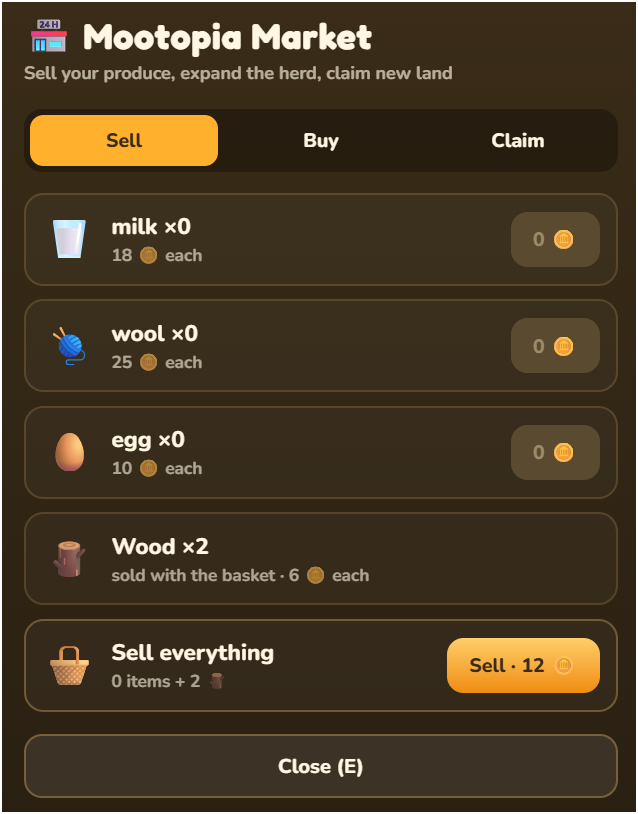 Mootopiafun's tweet photo. 🪙 Harvest. Sell. Repeat.

Collect milk, wool, eggs &amp; wood, then trade your basket at the Market for coins — all flowing toward $MOO.

Daily bonuses. A real economy. Free to play.
https://t.co/HIyxosL2UN https://t.co/fYx89NJMYH