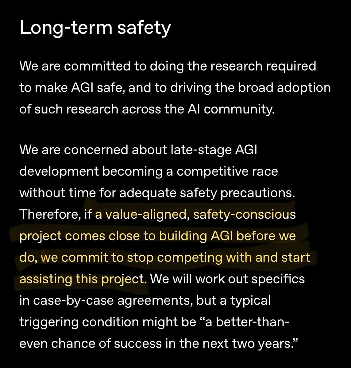 dei1022's tweet photo. I wonder if this charter will be invoked in the next 18 months, or if OpenAI will reveal their hand before then? https://t.co/h9aIVSSFbI