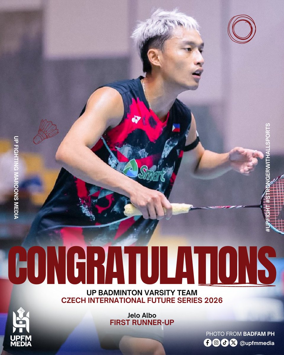 upfmmedia's tweet photo. THE FUTURE IS NOW 🏸🫡

Shining bright under the international lights is Jewel Angelo Albo who clinched silver in the recent #CzechInternationalFutureSeries2026 🥈🙌🏼 Congratulations and thank you for always making the country and UP community proud! 🇵🇭💚❤️

#UPFight✊🏼 #StrongerWithAllSports💪🏼 #UPBVT