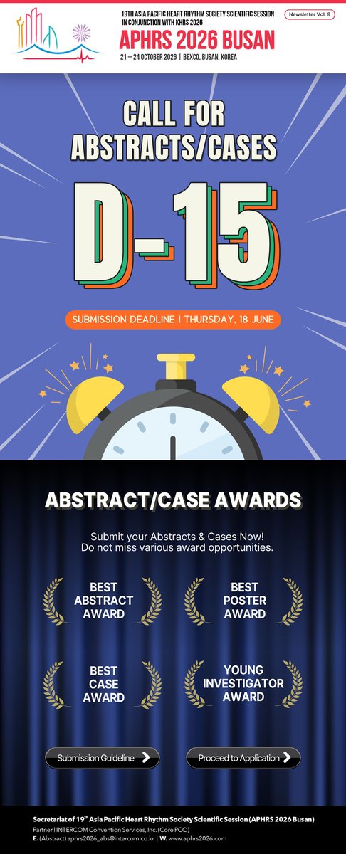 KHRS_1997's tweet photo. [APHRS 2026 BUSAN]
D-15 Abstract/Case Submission!
For details: https://t.co/Lvgw6gylAq
#KHRS #EP #electrophysiology #arrhythmia #Cardiology #Cardiologist #cardiovasculardisease #대한부정맥학회 #부정맥 https://t.co/WpGfaRuJTT