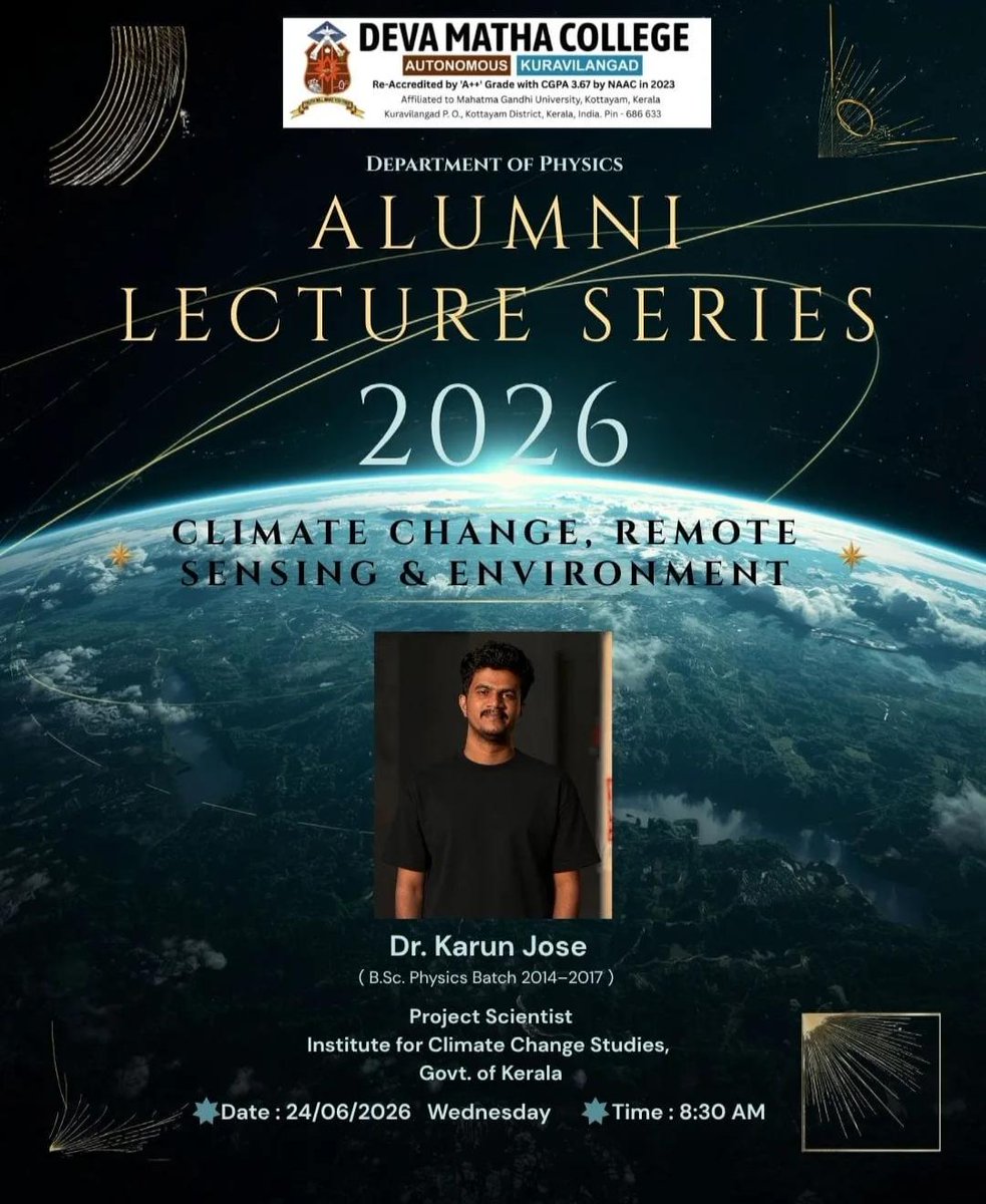 iccs_kerala's tweet photo. Dr. Karun Jose, Project Scientist-I, ICCS, delivered the inaugural lecture for the Department of Physics Alumni Lecture Series at Deva Matha College (Autonomous), Kuravilangad, on June 24, 2026. His lecture, titled “Climate Change and Environment,”. https://t.co/sw3jpADRFQ
