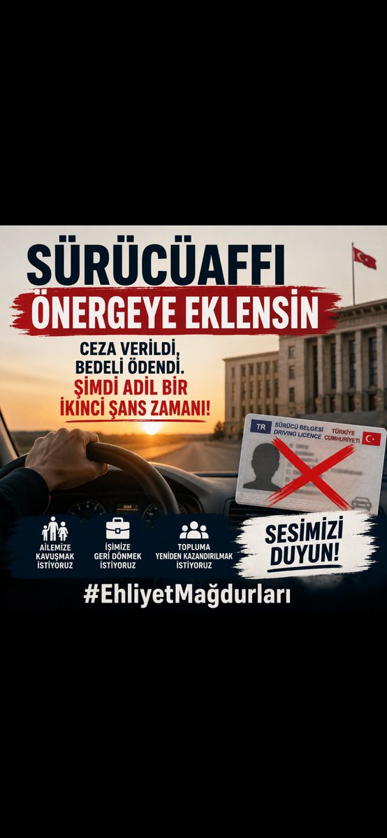 erkanok43742612's tweet photo. ArtıkSürücüye AfZamanı
#EhliyetMağdurları
Hatasını anlamış cezasını çekmiş ıslah olmuş sürücüler kapsamlı ehliyet affı bekliyor @avidrissahin @OsmanGokcek_ @alialmdrglu_ @milliyolpa74776 @dypmerkez @inanakgunalp https://t.co/BBsTWM78zN