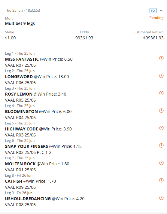 beanbagdata's tweet photo. #SouthAfrican #HorseRacing #Vaal selections using updated model logic. Please do your own research.
A less-risker approach would be a #Bet365 #PositionPayout
Stake: $1.00
Odds: 99361.93
Potential Win: $99,361.93
Multi 9 Legs | Win Only
Race 1 | Odds: 1.80
8. Molten Rock
Race 2 | Odds: 1.15
11. Snap Your Fingers
Race 3 | Odds: 3.90
8. Highway Code
Race 4 | Odds: 6.00
3. Bloomington
Race 5 | Odds: 3.40
5. Rosy Lemon
Race 6 | Odds: 13.00
11. Longsword
Race 7 | Odds: 6.50
7. Miss Fantastic
Race 8 | Odds: 4.20
3. Ushouldbedancing
Race 9 | Odds: 1.70
4. Catfish