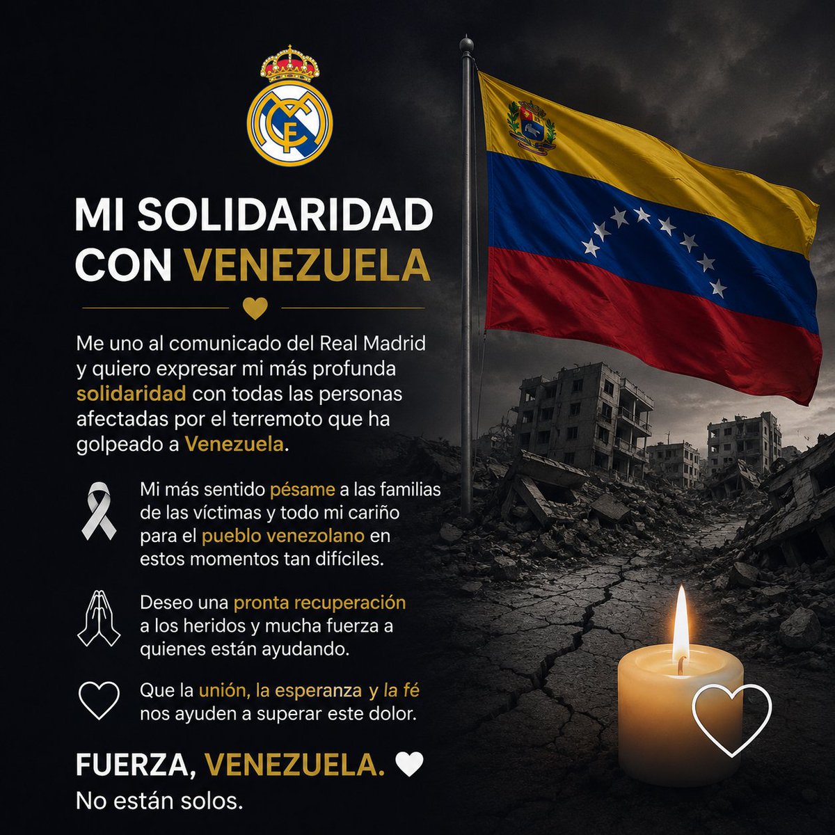 RuloRM1's tweet photo. @realmadrid Todos los madridistas nos solidarizamos con el pueblo de Venezuela.

Mi más sentido pésame a las víctimas y familiares de los afectados y mucha fuerza. 

#Venezuela #RealMadrid https://t.co/spuTbDo6yl