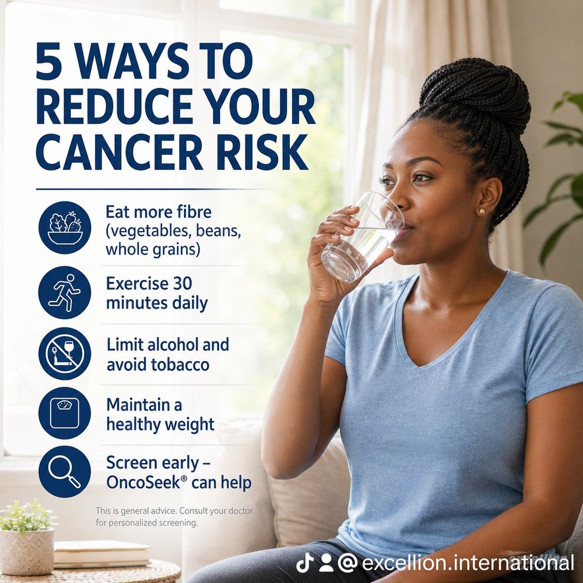 ExcellionInt's tweet photo. Small daily choices add up to big protection. Eat fibre, move 30 mins, limit alcohol, maintain healthy weight, and screen early. OncoSeek can help detect 9 cancers with one blood. Take control of your health today: Send us a DM.
#OncoSeek  #EarlyDetection #ExcellionInternational https://t.co/l0nNaGQqPe