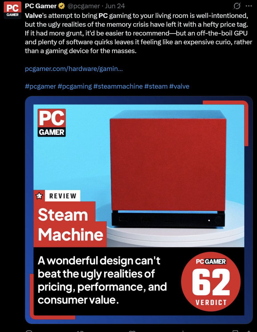 RamblingsNerd2's tweet photo. @draginol Right now, that discourse is being buried under both the indignation around the Steam Machine's pricetag AND the outrage over AI techbros hogging up the logistics chain.

Yet in the end, it still can't be denied: PC won.

https://t.co/1QU3L9QbLS https://t.co/6Z6yjOjOng