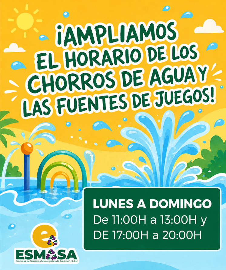 EsmasAlcorcon's tweet photo. 🚿 ¡Hemos 𝐚𝐦𝐩𝐥𝐢𝐚𝐝𝐨 el horario de los chorros de agua y las fuentes de juegos de Alcorcón!

☺️ Hay dos espacios de chorros en el Parque Alfredo Nobel, mientras que las fuentes de juegos están en el Parque Darwin, Los Castillos y Los Cantos

😍 ¡Ven a 𝐝𝐢𝐯𝐞𝐫𝐭𝐢𝐫𝐭𝐞! https://t.co/qBaG9AOEWS