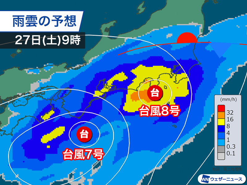 wni_jp's tweet photo. ＜梅雨前線＋台風7号＋台風8号で広範囲に大雨＞
梅雨前線の活動が活発になっていて、九州など西日本を中心に大雨になっています。
明日26日(金)から明後日27日(土)は台風が北上することで大雨のエリアが拡大する見込みです。災害の発生に警戒をしてください。
https://t.co/5pzignIgne https://t.co/rgVYeKEDQt