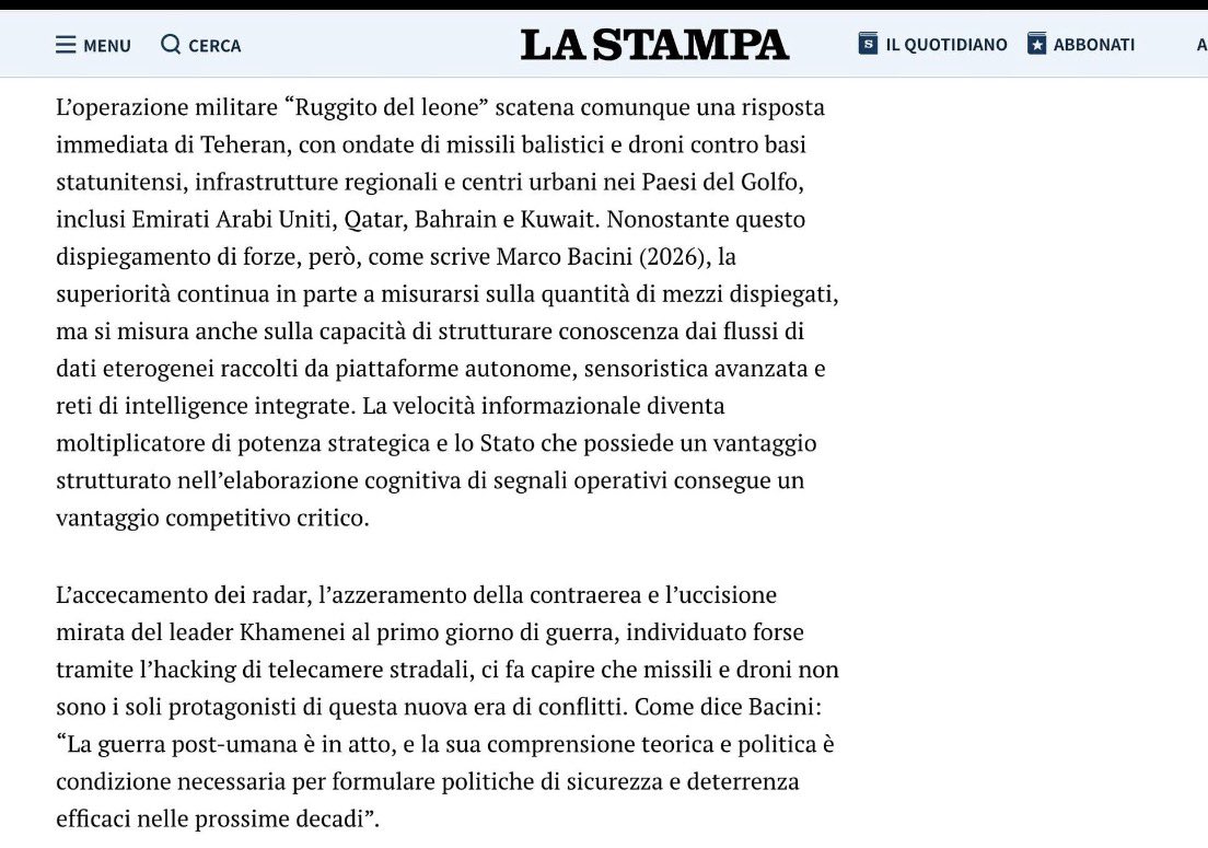 MarcoBacini's tweet photo. Ringrazio molto Arturo Di Corinto, per avermi citato nel Suo libro "Guerra profonda. Hacker, bugie e l’architettura segreta dei nuovi conflitti" (pubblicato da Luiss University Press), e ringrazio anche per aver richiamato il mio contributo nel recente articolo su La Stampa dedicato alla dimensione cyber, informativa e propagandistica del confronto tra Israele e Iran.
Un riconoscimento che apprezzo sul piano personale e accademico, ma soprattutto per il valore del lavoro che Arturo porta avanti da anni nel rendere comprensibili, con rigore e profondità, le trasformazioni più complesse della sicurezza contemporanea.
Il Suo libro ha il merito di mostrare come i conflitti del nostro tempo si sviluppino attraverso strumenti militari convenzionali e attraverso operazioni cyber, campagne di disinformazione, attacchi alle infrastrutture digitali, manipolazione della percezione pubblica e attività di influenza. Il caso Israele-Iran rappresenta, da questo punto di vista, un osservatorio particolarmente importante, perchè accanto alla dimensione militare visibile, si afferma una dimensione più profonda e sempre più determinante, nella quale hacker, gruppi state sponsored, reti criminali, propaganda e intelligence digitale concorrono a ridefinire il perimetro stesso della guerra. La distinzione tra guerra, intelligence, cybersicurezza e comunicazione strategica è sempre più sottile e la capacità di colpire dati, reti, reputazione, fiducia e processi decisionali è ormai parte integrante della competizione tra attori statuali e non statuali.
Consiglio vivamente la lettura di Guerra profonda, un volume importante per chi si occupa di intelligence, sicurezza nazionale, cybersicurezza, e trasformazione digitale dei conflitti, un libro che aiuta a leggere la profondità nascosta delle guerre contemporanee e a comprendere perché la sicurezza del futuro passerà sempre più dalla capacità di interpretare ciò che accade sotto la superficie visibile degli eventi.
Grazie ancora Arturo per aver dato spazio a una riflessione necessaria, seria e di grande attualità. 
Qui l'articolo: https://t.co/oAEVSXech6