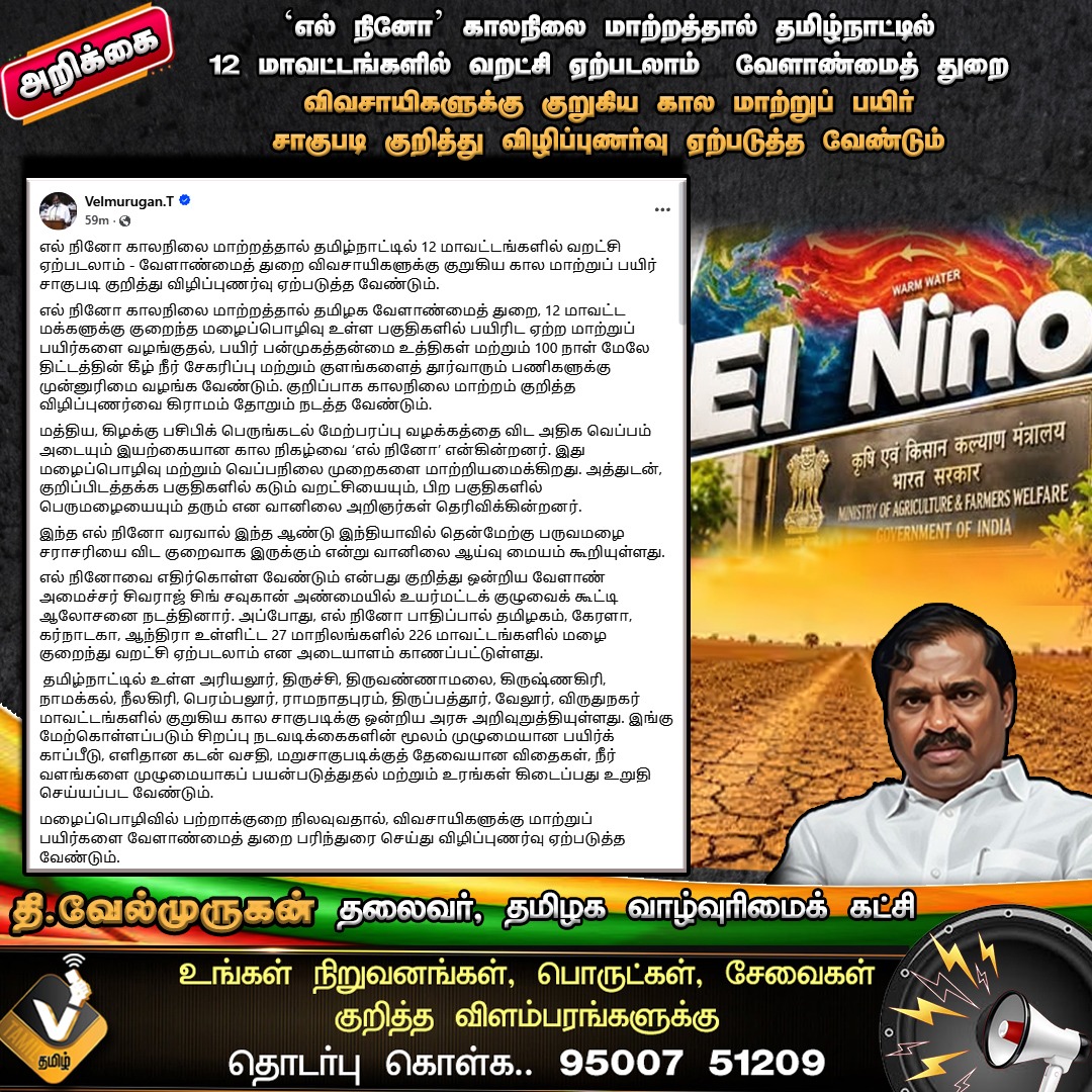 VTamil_Offical's tweet photo. எல் நினோ காலநிலை மாற்றத்தால் 
வேளாண்மைத் துறை விவசாயிகளுக்கு குறுகிய கால மாற்றுப் பயிர் சாகுபடி குறித்து விழிப்புணர்வு ஏற்படுத்த வேண்டும்!! #ElNino #ClimateChange #DroughtAlert #TamilNaduFarmers #Agriculture #WaterCrisis #AlternativeCrops #FarmersWelfare #AgricultureDepartment https://t.co/kVYT4jAIuv