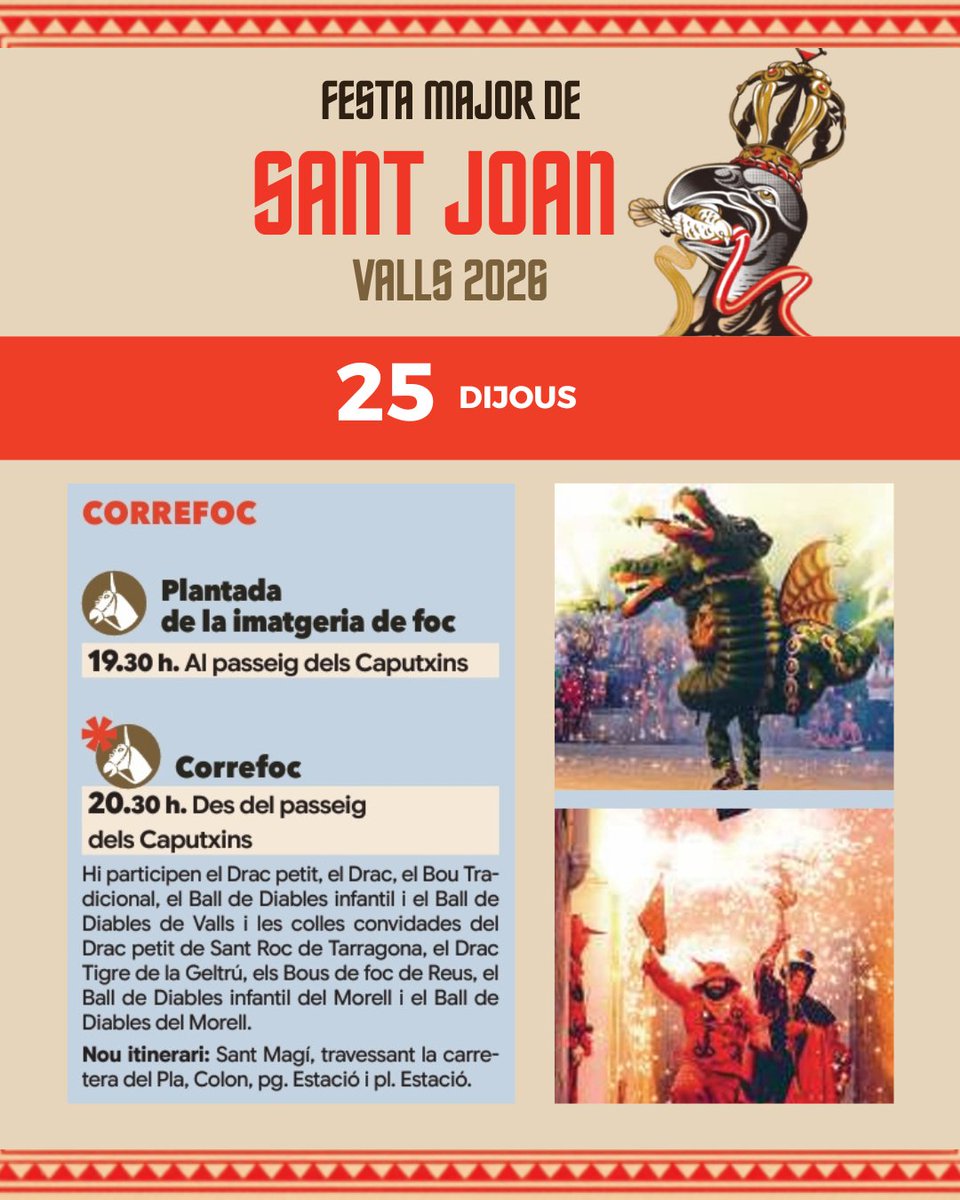 VisitaValls's tweet photo. @SantJoanValls @CulturaValls ✅ L'últim boladís
✅ Espectacle Jordi Caps 
✅ Correfoc
✅Tancament de la capelleta votiva de Sant Joan Baptista amb la Moixiganga
✅Castell de focs de cloenda de la Festa Major 2026 https://t.co/mMBrTumVgZ