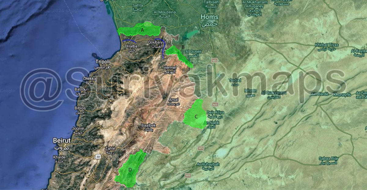 Suriyakmaps's tweet photo. Speculation about a Syrian invasion of Lebanon is gaining momentum. 🇸🇾 🇱🇧
After Trump announced on 14 June that he was going to invite Jolani to the White House, the STG deployed fresh troops to Al Quseir. However, this deployment has not only continued but has intensified over the last two weeks. It should be noted, however, that this deployment has been ongoing since April 2026.
The areas of deployment are as follows:
A. South of Tartous, including a number of towns along a border strip stretching from the al-Aridhah Cross Border to the Talkalakh Cross Border. The areas of concentration are al-Dakika, Tell Wa’wa and Talkalakh. On the other side of the border, the Lebanese Armed Forces have reinforced their positions at Qoleiat Airport, Hissa and Qoubaiyat. It is worth noting that this area is highly sensitive for the Lebanese army. On the one hand, there is a Sunni majority that may be sympathetic to the entry of the STG. On the other hand, there is a significant presence of Alawite insurgents in the mountains, who may offer support to Lebanese soldiers but could also be a source of further conflict amongst the local population.
B. The Qusayr District comprises a border strip stretching from Al-Nizariyah to Al-Hawi. This area remains a hub for Captagon trafficking following the replacement in 2025 of the previous traffickers by new ones backed by the Syrian transitional government.
C. Qalamoun, a long strip stretching from the Qarah to Yabroud sub-districts, opposite the Lebanese district of Baalbek.
D. West Damascus, a strip between the Jadida, Yabus and Serghaya border crossings, opposite the Lebanese Beqaa Governorate. 
It is important to note that the last three areas lie opposite territory with a strong Hezbollah presence, which further reinforces the aim of a Syrian operation in support of Israel to subdue and eliminate the Lebanese resistance.