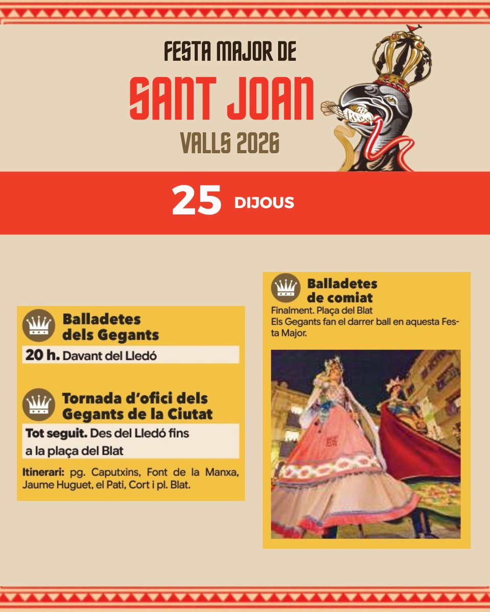 VisitaValls's tweet photo. 🎉 Viu la Festa Major de Sant Joan a Valls!

Avui dijous 25 de juny ⬇️

✅ Juguem en gran, juguem al bosc. Vincdebosc
✅ Concert vermut amb So Nat
✅ El vot del poble

Consulta tota la programació de la Festa Major de Sant Joan ⬇️
https://t.co/hHtCZOhh9i https://t.co/C0bcf52xlm