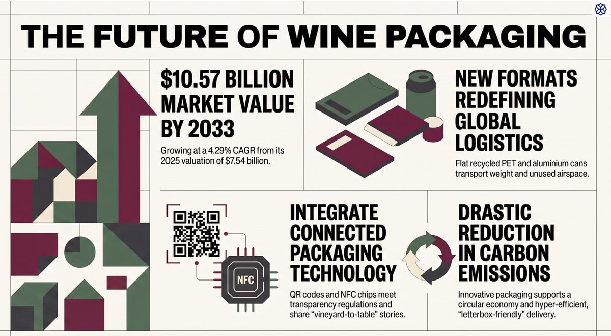 analysis_m1678's tweet photo. Beyond the bottle: sustainability and smart packaging are reshaping the wine industry.
$7.54B (2025) ➜ $10.57B (2033) | CAGR 4.29%
#WinePackaging #WineTech #Sustainability #SmartPackaging #EcoFriendly #PackagingTrends #CircularEconomy #WineIndustry #Innovation #MarketResearch https://t.co/t9oT3CXysv