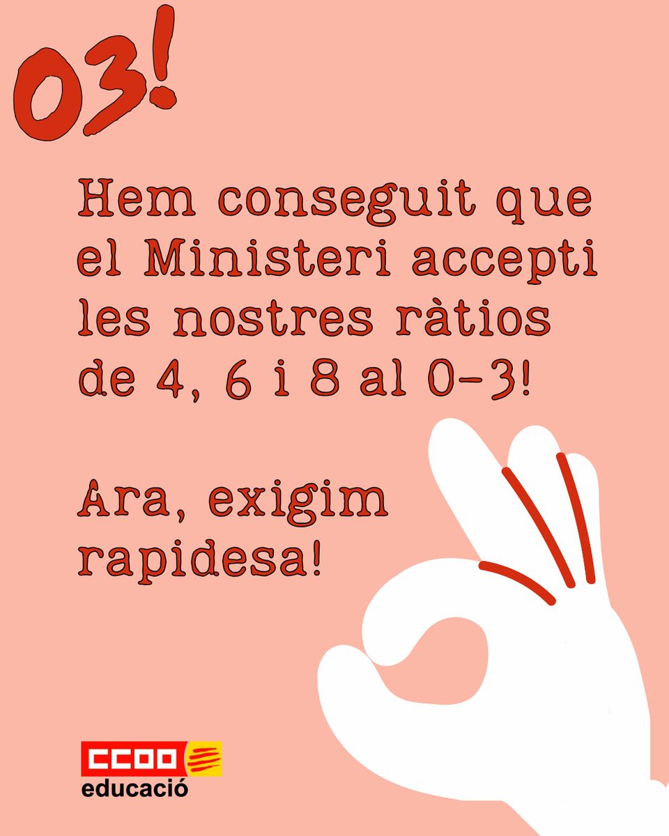 CCOOeducacio's tweet photo. 🗣️El Ministeri d'Educació ha proposat una reducció històrica de les ràtios al primer cicle d'Educació Infantil

👶 0 anys: de 8 a 4 infants
🧒 1 any: de 13 a 6 infants
👧 2 anys: de 20 a 8 infants

🗣️ Una reivindicació històrica de!

🔗 https://t.co/Dl8QNxcf3y https://t.co/4rEXRu4gSN