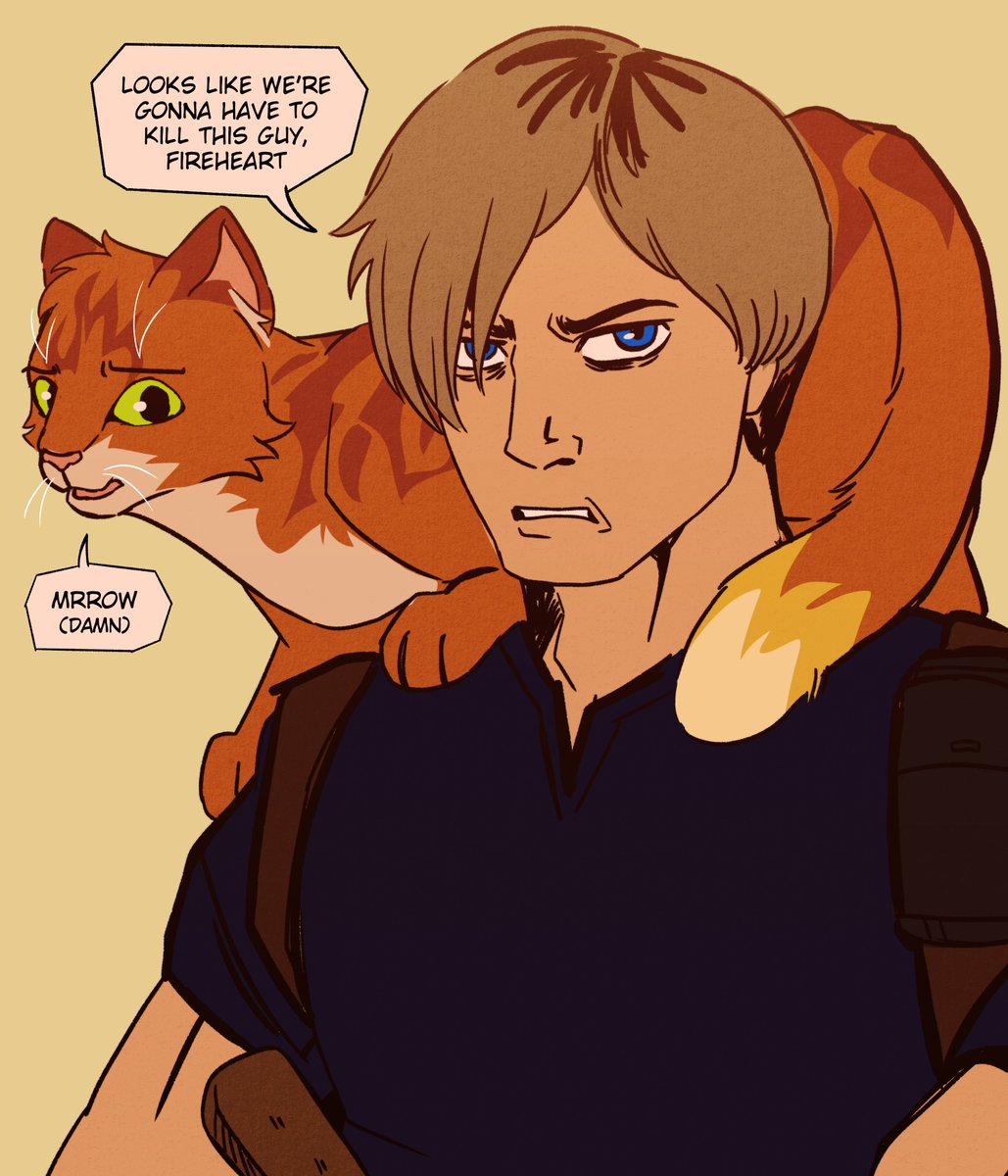 Spacestation_L7's tweet photo. Bonus: RE4 Remake except instead of the white wolf it's Fireheart Warrior Cats #residentevil #warriorcats #art https://t.co/9r0K9ZNb8U