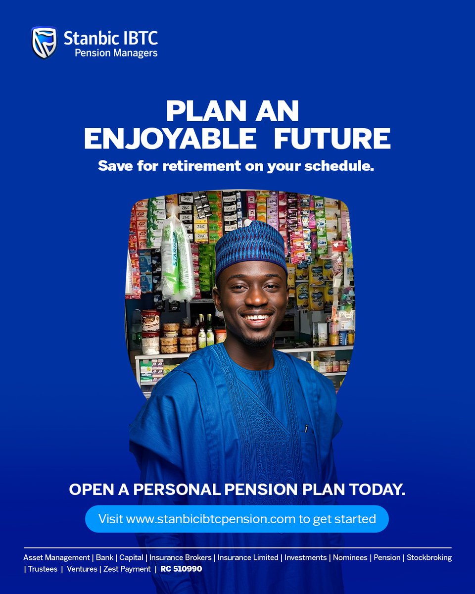 StanbicIBTC's tweet photo. Plan an enjoyable future on your schedule. The Stanbic IBTC Personal Pension Plan (PPP) helps you save for retirement your way. 

Whether you're a freelancer, trader, artisan, or salaried professional, you can make flexible contributions and grow your savings steadily over time.