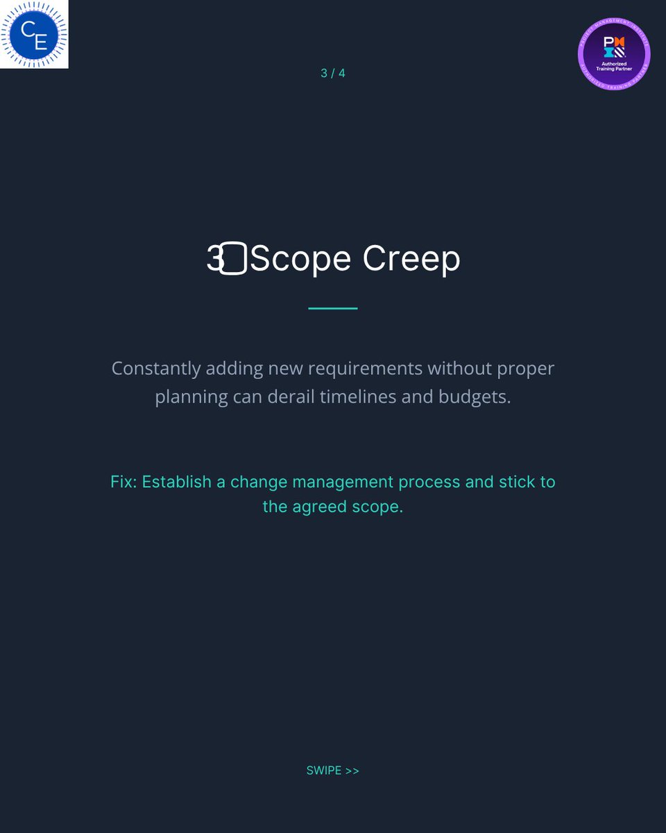 certifyera's tweet photo. 🚀 Why do projects fail despite great ideas and talented teams?

✅ Unclear Project Goals
✅ Poor Communication
✅ Scope Creep
✅ Lack of Risk Management

🎓 PMP Certification Course: https://t.co/fhocathwdd

#ProjectManagement #PMP #PMPCertification https://t.co/pDGmbJ4Kyi