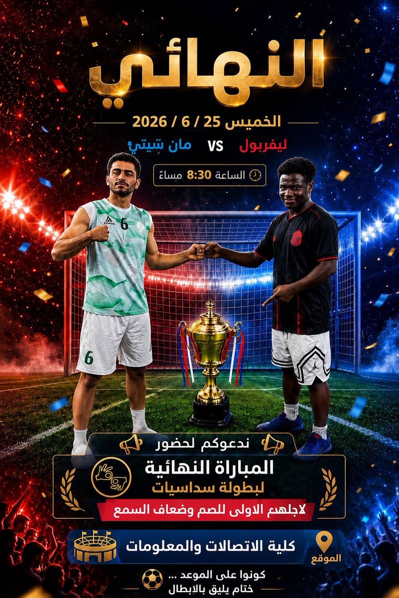 Liajlehum's tweet photo. 🏆 النهائي المنتظر 🏆

في أجواء حماسية ومنافسة رياضية مميزة، ندعوكم لحضور المباراة النهائية لبطولة سداسيات للصم وضعاف السمع

📅 الخميس 25 / 6 / 2026
⏰ الساعة 8:30 مساءً
📍 كلية الاتصالات والمعلومات https://t.co/jQd2cvJAEv