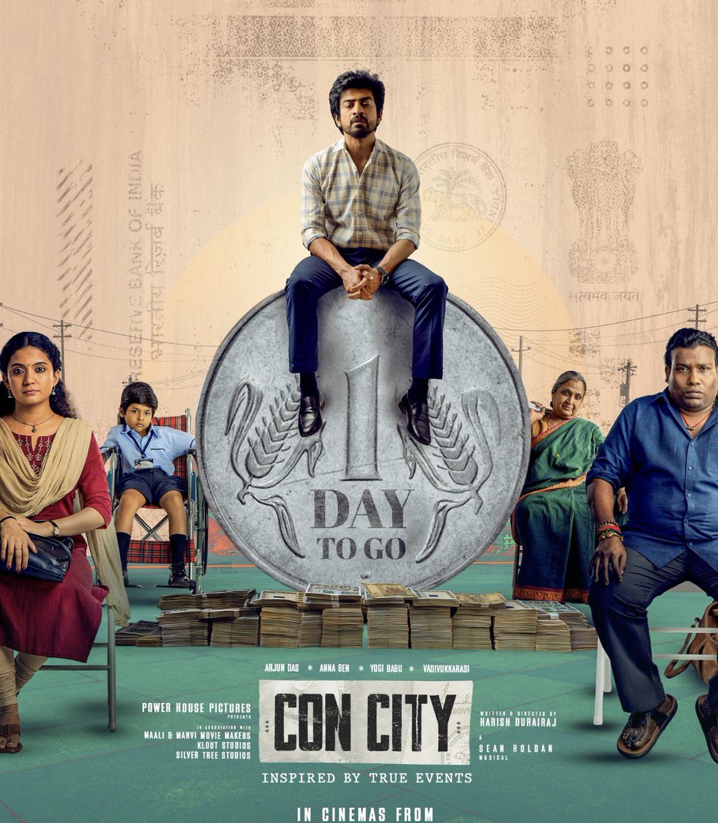 sri50's tweet photo. #ConCity Review: Jolly Fun Ride! 

My Rating: 3.25/5 

Debutant director @harish_durairaj delivers a whacky crime comedy that’s a total entertainer! Four debt-ridden scammers team up as a fake family to pull off a Ponzi scam — pure madness and fun.

@iam_arjundas is a riot, ditching his brooding image for hilarious comic timing. @benanna_love nails it, while the #Vadivukkarasi + @iYogiBabu combo is absolute fire! 

First half, especially those VTV Ganesh-Arjundas EB office scenes is a scream! @RSeanRoldan music & BGM in sync. Second half has a few logic slips, but the quirky vibes keep you hooked.

A fun, breezy watch!