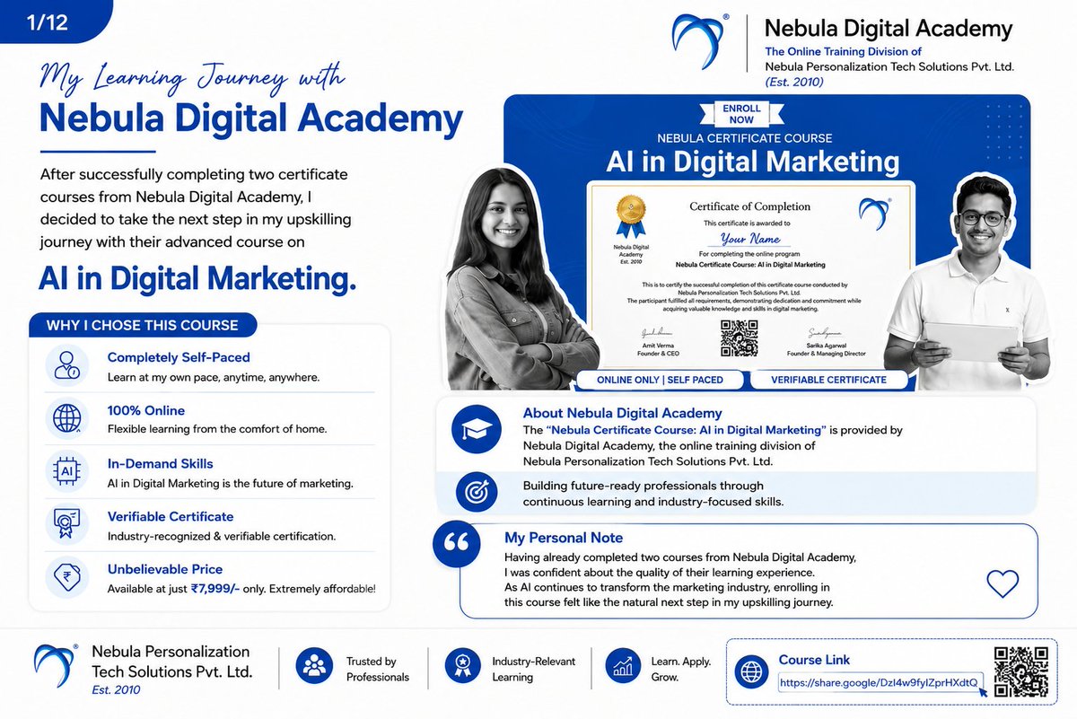 Khushikudtarkar's tweet photo. Having completed two courses with Nebula Digital Academy, I was excited to try their AI in Digital Marketing course.

In this AI-powered era, staying curious and continuously learning feels more important than ever.

Know more in this series, here's part 1

#mylearningjourney #ai https://t.co/YUoM6sKZI7