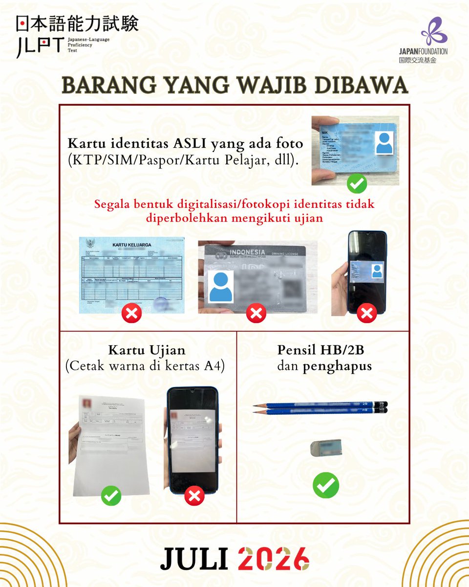 JF_Jakarta's tweet photo. Halo, sahabat JF!

Bagi peserta yang sudah mendaftar untuk mengikuti ujian JLPT 2026 (Juli), informasi peraturan, jadwal, dan lokasi ujian sudah dapat dilihat ya.

Detial lengkap untuk masing-masing daerah dapat di lihat pada link berikut:

https://t.co/OXwXPQ5qjS (link juga tersedia di BIO)

#JLPT #jfjakarta #japanfoundation