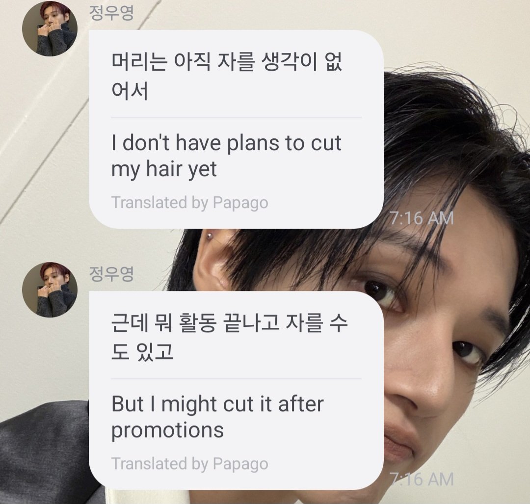 paula9spn's tweet photo. "No tengo planes de cortarme el pelo pero podría hacerlo después de las promociones. (Aunque) puede que no lo corte y de pronto cortarlo mañana."

JUNG WOOYOUNG DEJA DE JUGAR CON MIS EMOCIONES Y VEN A ROMA SIN CORTARLO 🙏 https://t.co/Sl5daiwBFg