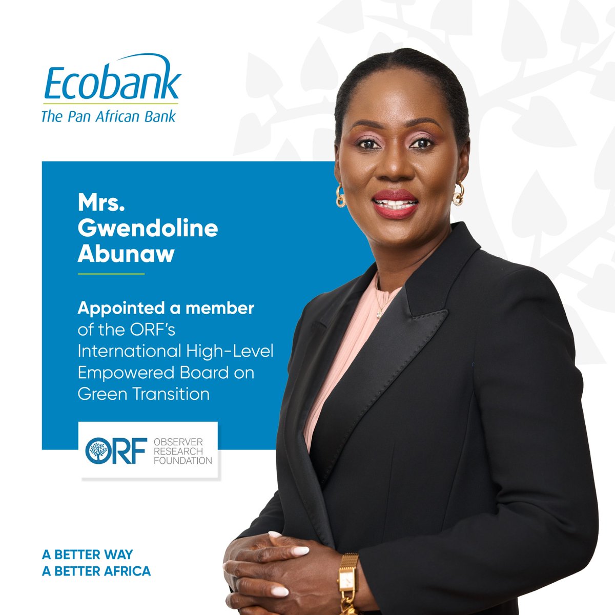 EcobankCameroun's tweet photo. Proud moment for Ecobank! 

Mrs. Gwendoline Abunaw joins ORF’s High-Level Board on Green Transition, advancing sustainable finance and climate action across Africa.

#GreenTransition #ClimateAction #EcobankCameroon https://t.co/nHmOEzFzQd
