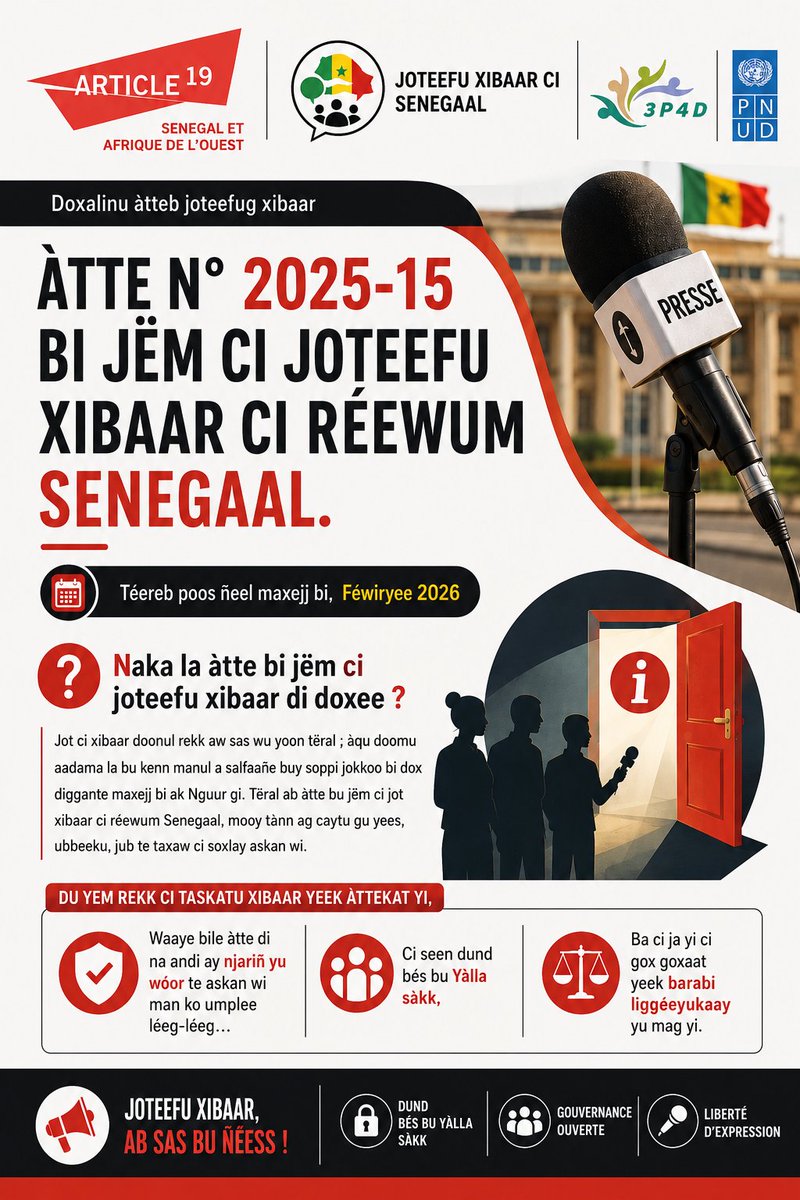 article19wafric's tweet photo. 📢 Jot ci xibaar doonul rekk aw sas wu yoon tëral ; àqu doomu aadama la bu kenn manul a salfaañe buy soppi jokkoo bi dox diggante maxejj bi ak Nguur gi. 

Du yem rekk ci taskatu xibaar yeek àttekat yi, waaye bile àtte di na andi ay njariñ yu wóor te askan wi man ko umple léeg-léeg ci seen dund bés bu Yàlla sàkk, ba ci ja yi ci gox goxaat yeek barabi liggéeyukaay yu mag yi.

📘 Ngir gën a jegeñal ko ci ñépp am na itam ab livret bu gàtt bu ñuy tekki ci wolof. Fii ak fane yu ñew di guen ci jot
#Jotéefuxibaar #Sénégal #Libertédexpression
@PNUDSenegal @BarbozaJesuina @Abdulaye8Njaay @ViePubliqueSN  @Noo_IDcard
