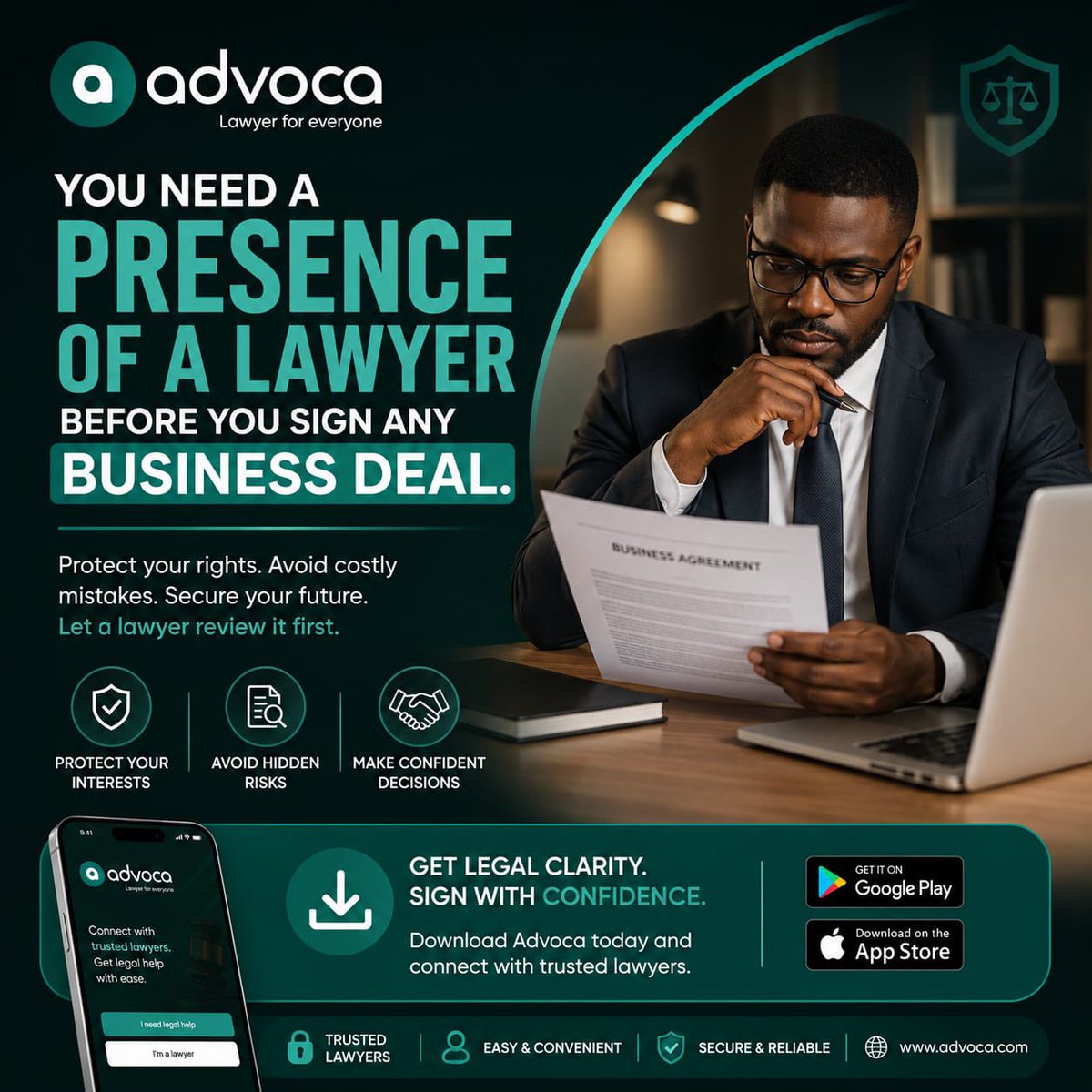 Advocapro's tweet photo. A signature can make a deal—or break your future. ⚠️
Before you sign any business agreement, get legal clarity from a professional lawyer.
⚖️ Protect your interests. Avoid costly mistakes.
📲 Download Advoca today.
#Advoca #BusinessProtection #LegalHelp #SignSmart https://t.co/T1ZbgS3WpW