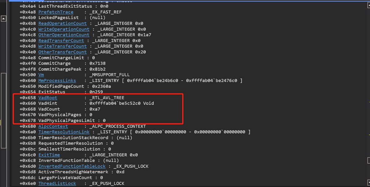 OSdev_'s tweet photo. One of the most interesting Windows memory management data structures is the Virtual Address Descriptor (VAD).

Every process maintains a VAD tree that describes its virtual address space. Whenever memory is allocated with "VirtualAlloc", a DLL is mapped, a stack is created, or a file is memory-mapped, Windows creates or updates a VAD.

Security researchers love VADs because they reveal a process's memory layout. They can be used to detect injected code, manually mapped DLLs, RWX memory regions, and other suspicious allocations that may not appear in the normal module list.

If you want to understand Windows memory forensics, malware analysis, or process injection, learning VADs is a great place to start.
