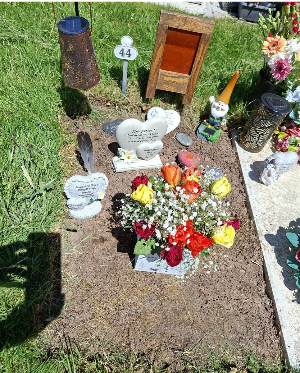 higgyboson's tweet photo. I'm almost ready to name the memorials company who decided to remove the slab that was sealing my sons grave in order to use it on another grave where they cemented a memorial stone onto it.

This is how they left my sons grave, (the flowers were put there recently).

They removed the slab and just walked away. Leaving just a patch of soil.

They didn't tell anyone.

My Sons children aged 8 and 13 discovered it in this state when they arrived to lay flowers on Fathers Day.

The company have admitted doing it and the Director said to me, "I wish it hadn't happened but I can't go back in time and change it".

Oh, that's OK then.