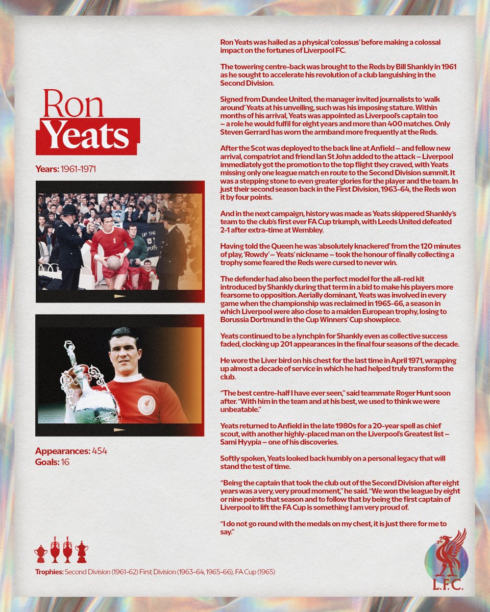 LFC's tweet photo. Liverpool's Greatest - No.27: Ron Yeats 💪