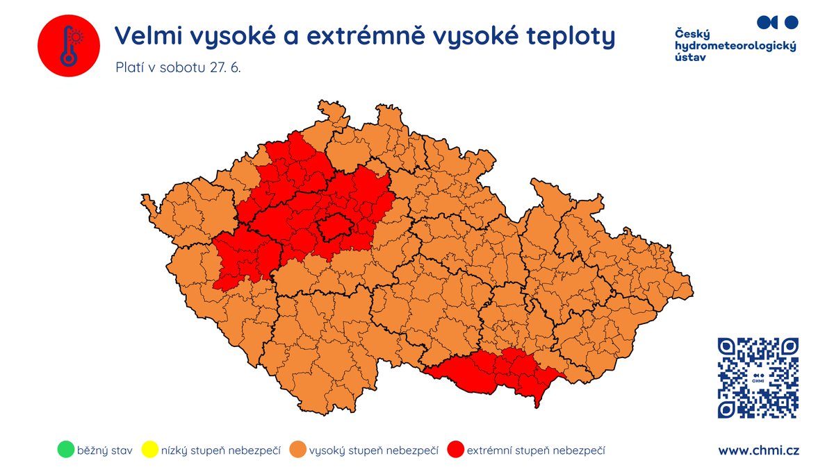 CHMUCHMI's tweet photo. ⚠ Aktualizace výstrahy ČHMÚ

☝ Tato výstraha upřesňuje předchozí varování před vysokými teplotami, prodlužuje výstrahu až do neděle 28. 6. a zvyšuje stupeň nebezpečí na většině území postupně až na extrémní. Varování před požáry zůstává beze změny.

🌡 V přílivu velmi teplého vzduchu od jihozápadu budou během čtvrtka 25. 6. stoupat teploty na většině území nad 31 °C, v Ústeckém a Středočeském kraji lokálně i přes 34 °C (vysoký/oranžový stupeň výstrahy).

❗ V dalších dnech bude vlna veder zesilovat. V pátek už budou odpolední teploty překračovat 34 °C na většině území Čech i Moravy, v sobotu očekáváme v severozápadní polovině Čech a na jihu Moravy teploty přesahující i 37 °C. ‼️Vlna veder vyvrcholí pravděpodobně v neděli, kdy očekáváme maximální teploty mezi 35 až 40 °C, v západní polovině Čech, zejména v dolním Polabí a Poohří, není vyloučeno, že zaznamenáme výjimečně i teploty vyšší. 🥵 Extrémně vysoké teploty budou znamenat extrémní zátěž pro lidský organismus a vysoké riziko přehřátí a dehydratace. Zároveň může docházet ke komplikacím zejména v energetice, dopravě, službách a živočišné výrobě.

👉 Vlnu veder ukončí v pondělí 29. 6. studená fronta, před ní ještě budou teploty ve východní polovině území překračovat 31 °C, zejména na východě i 34 °C.

🔥 V důsledku teplého a suchého počasí platí v Jihomoravském kraji až do odvolání výstraha před nebezpečím požárů.

☝ Výstrahu budeme v následujících dnech v souvislosti s rostoucím rizikem požárů a načasováním studené fronty upřesňovat.

👉 Aktuální výstrahy sledujte na https://t.co/9IKWKyfOTX.