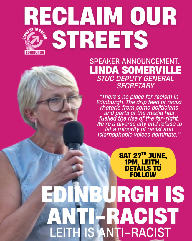 ScottishTUC's tweet photo. We refuse to let racist violence and intimidation divide our communities.

Our streets belong to all of us, not the far right.

Join us in Edinburgh this Saturday to stand together against racism and hate.

🗓 Saturday 27 June
📍 Montgomery Street Park
⏰ 1pm https://t.co/2hht2l0esV
