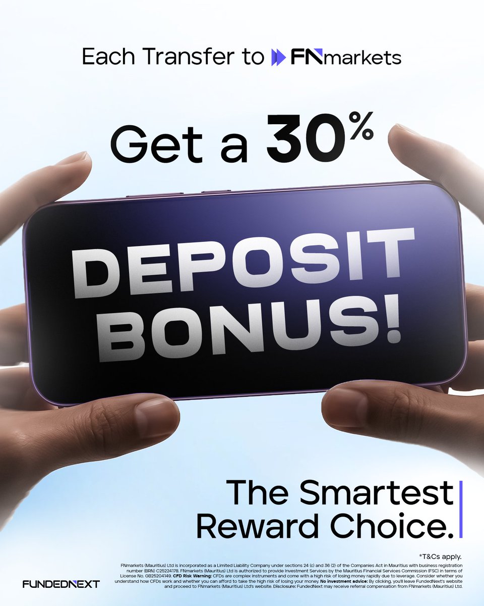 FundedNext's tweet photo. You earned it on FundedNext. 

Now put it to work on FNmarkets too.

Transfer your performance rewards through the payout page and get a 30% deposit bonus when you deposit to FNmarkets.

Two platforms. One ecosystem.

T&amp;Cs apply. https://t.co/a4w4pV57cE