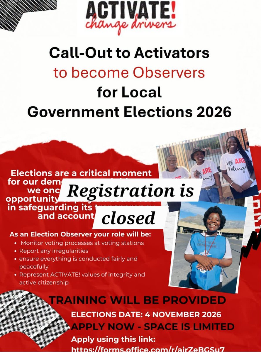 ActivateZA's tweet photo. This winner's Thursday Sithi Dumela South Africa re kaofela🇿🇦🗳️⚽️. 

Please note that we have received an overwhelming number of registrations, and the link is closed.

Thank you for showing an interest in protecting our democracy ✊🏾

The form has been closed.

#DoYouSeeUs #MyCommunityMyVoiceMyVote
#BafanaBafana