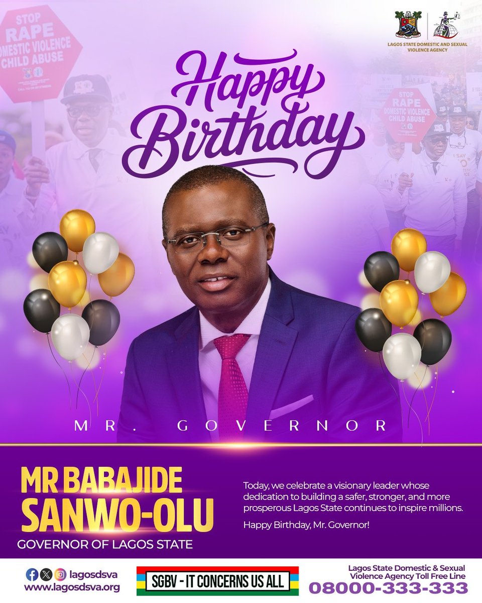 Lagosdsva's tweet photo. Happy Birthday to the Governor of Lagos State, Mr. Babajide Olusola Sanwo-Olu [@jidesanwoolu].

Your leadership continues to shape a Lagos that is safer, more responsive, and better positioned for growth. Through a clear commitment to governance, security, and the wellbeing of residents, you have remained focused on building a state that works for its people.

We wish you good health, strength, and wisdom for the work ahead as you continue to serve Lagos State.

Happy Birthday, Mr. Governor!

From all of us at Lagos DSVA.

#LagosDSVA #SGBVItConcernsUsAll #SGBVNotInMyLagos #AGreaterLagosRising #LASG @followlasg
