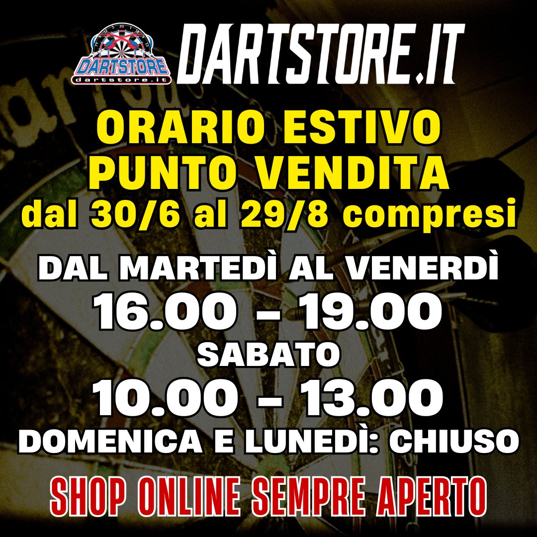 dartstoretweets's tweet photo. Buongiorno darters! Ti informiamo che a partire dal 30/6 e fino al 29/8 (compreso) nel nostro punto vendita applicheremo l'orario estivo🌞 Leggi i dettagli 👉 https://t.co/s4Jy8ZUFyt
#freccette #dartstore #darts #PDC180 #dartshop #comprainitalia #negoziofreccette https://t.co/uI8LbEGYns