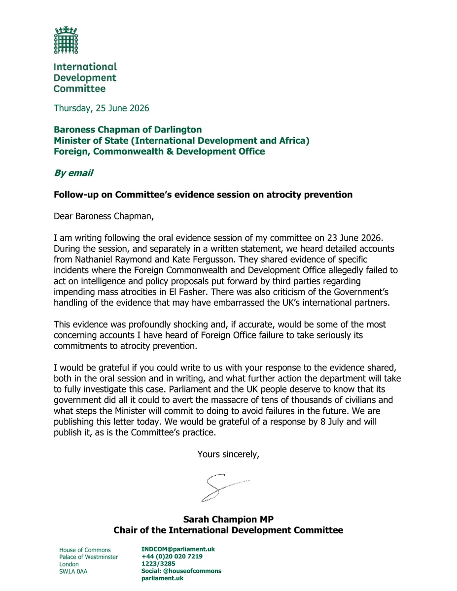 The photo is of a letter to the Minister for International Development, Baroness Chapman from the Chair of the International Development Committee about shocking evidence they received about atrocities in Sudan to demand a response on what the government did and did not know.