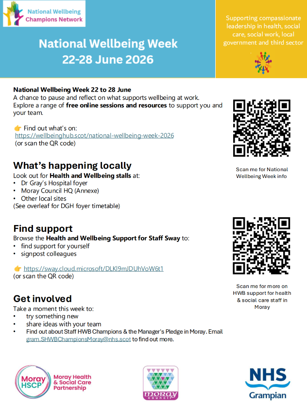 GrampianWeCare's tweet photo. Have you had a chance to check out what is going on on Moray for #WellbeingWeek ? Checkout the Wellbeing Week Sharepoint Site for more info & resources to support your wellbeing, this week & beyond. @NHSGrampian @DrGrays_Elgin @MorayCouncil @MoraySpeech @HSCPshire @HSCAberdeen https://t.co/0IusSryWda
