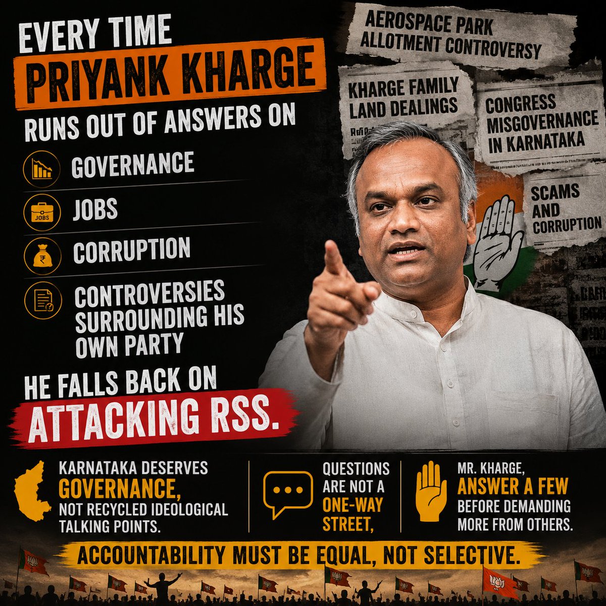 SathyaGabru's tweet photo. @PriyankKharge Every time u runs out of answers on governance, Kalaburagi development Land Scams, corruption or the controversies surrounding ur own family, U falls back on attacking RSS.

Mr. Kharge Answer a few before demanding more from others. https://t.co/WAY3ihGboX