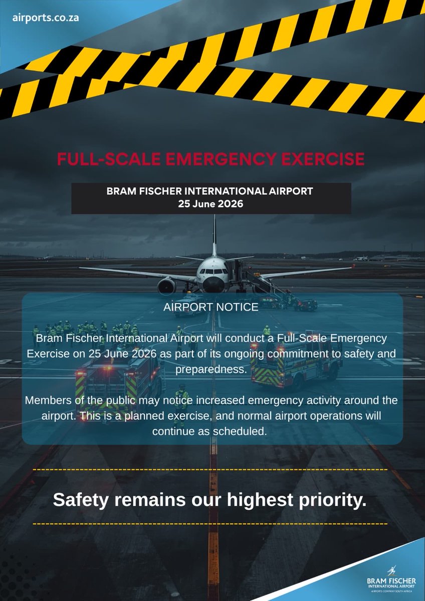 bramfischerint's tweet photo. Notice: Bram Fischer International Airport is currently conducting a planned Full-Scale Emergency Exercise.

Members of the public may notice increased emergency activity. Normal airport operations continue as scheduled.

#ACSA #BramFischerAirport https://t.co/rt8yfHet0U