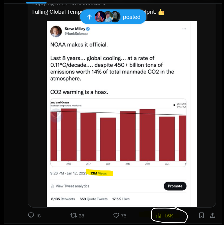 JonnyHAuckland1's tweet photo. @ProfBillMcGuire The annoying thing here is the exposure, yours vs Steve Milloy for spouting utter drivel and getting 13M views https://t.co/BtElapZN6e