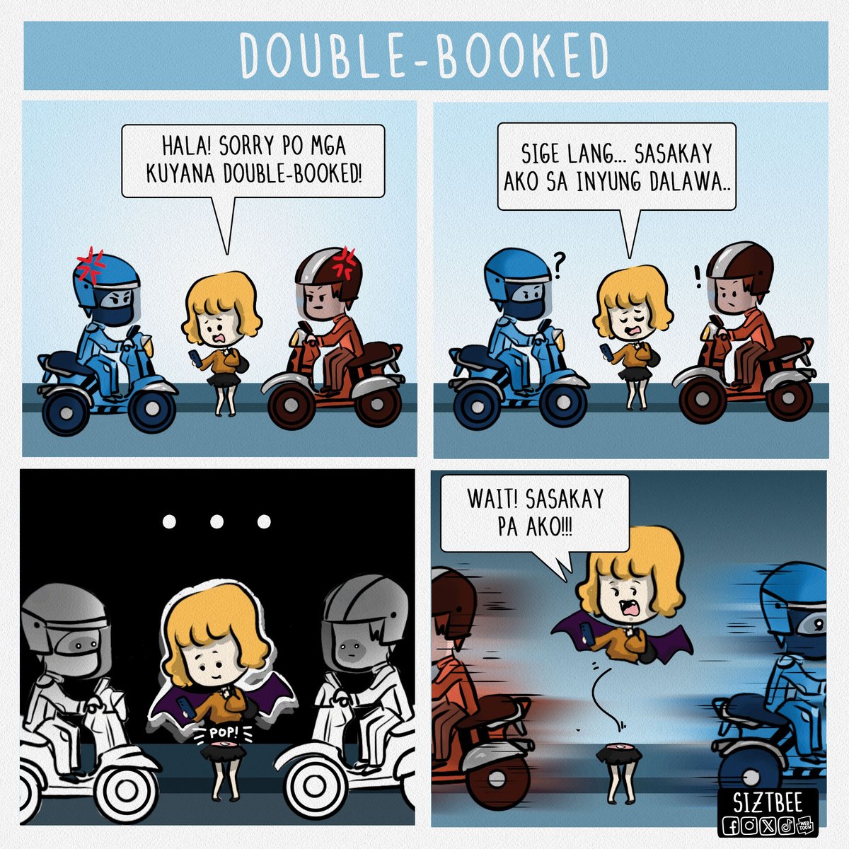 siztbee's tweet photo. When you're running late, so you double-book two motorcycle taxis... but you're a manananggal, so you literally split in half to take both. 👁️👄👁️ https://t.co/BXLn38KGWY